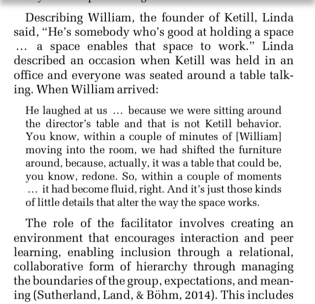 The image contains a text excerpt describing William as a skilled space holder, with a focus on his ability to rearrange a room for a better work environment.